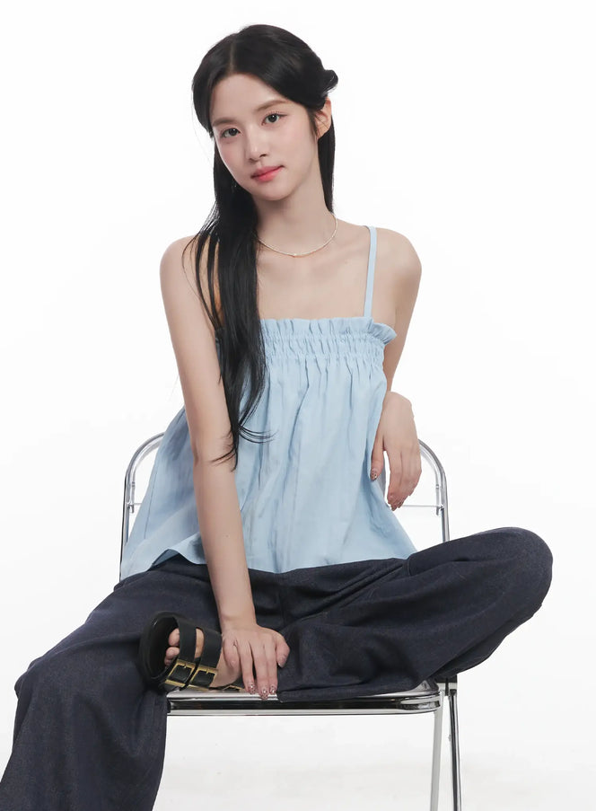 flared-shirred-square-neck-cami-cu523 / Light blue