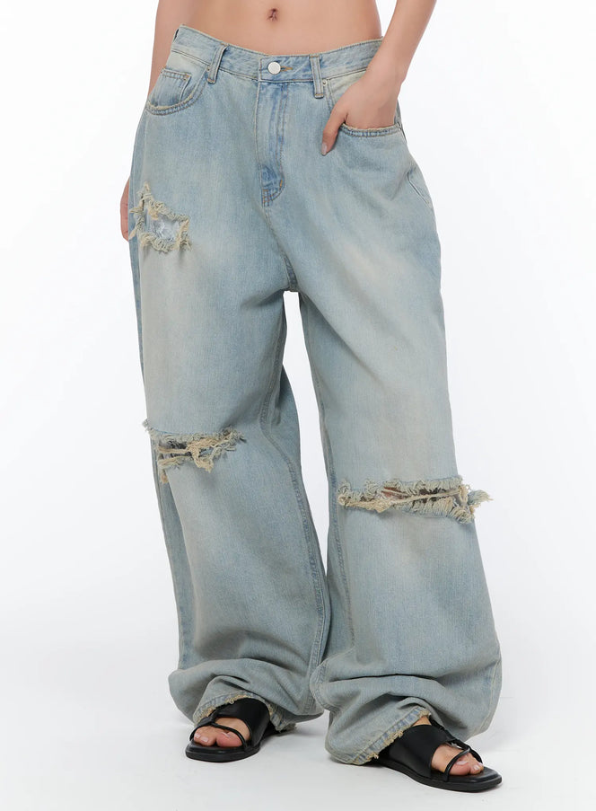 ramona-distressed-lace-detail-wide-leg-jeans-ca515 / Blue