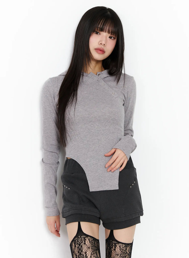 diagonal-button-hooded-fleece-tee-cj501 / Light gray