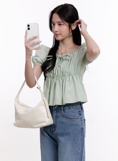 ribbon-puff-sleeve-square-neck-top-cm526 / Light green