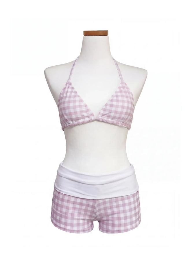 gingham-foldover-short-bikini-set-iy514 / Light pink
