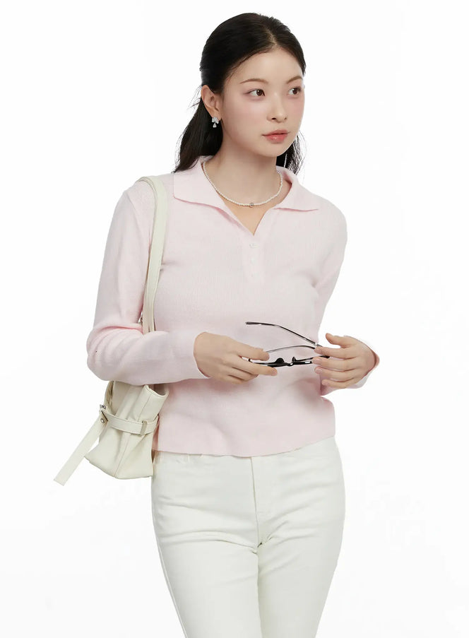 elegant-collar-knit-top-f502 / Light pink