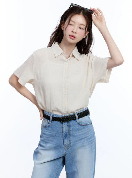 linen-short-sleeve-collared-cu513 / light beige