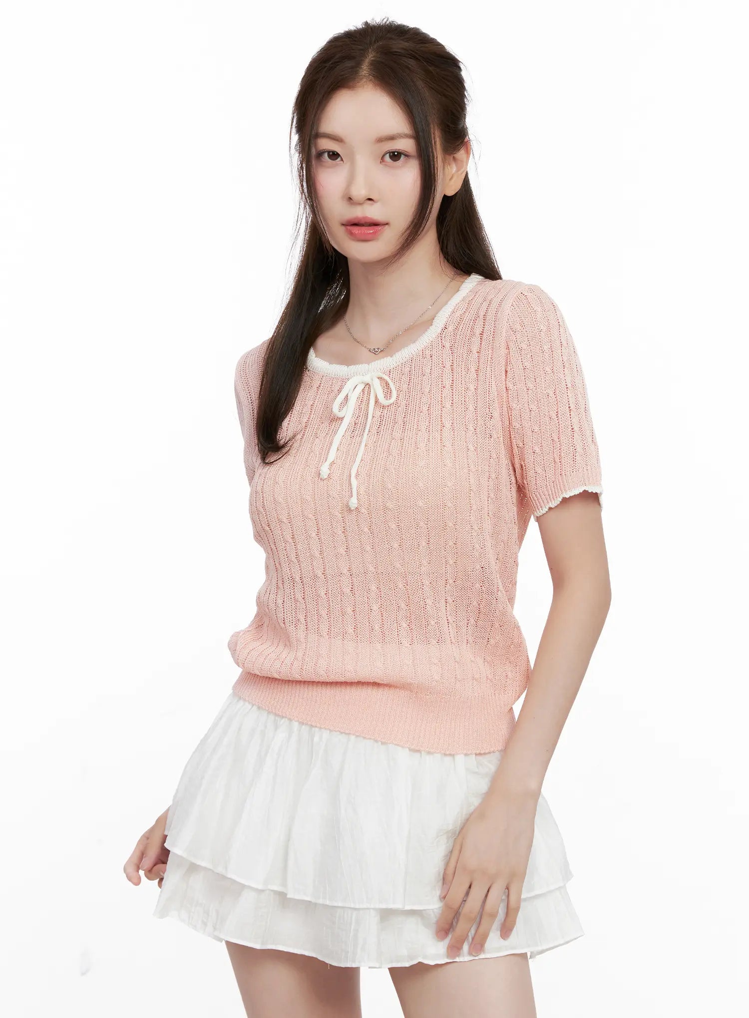 contrast-trim-ribbon-knit-shirt-cl523 / Pink