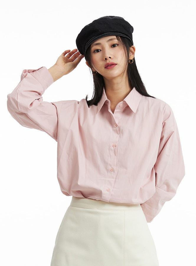 cotton-buttoned-loose-fit-shirt-oo323 / Pink