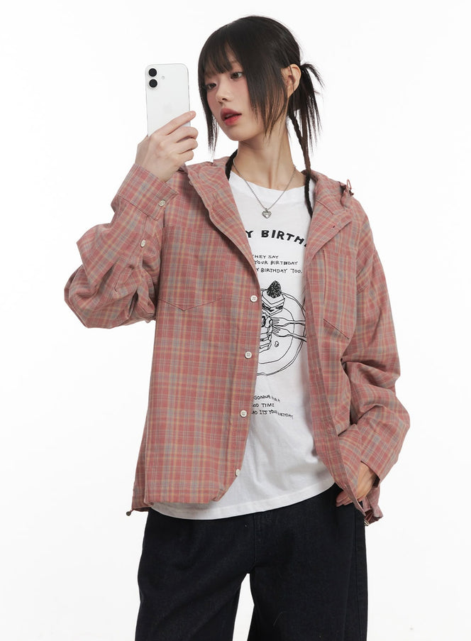 Buttoned Plaid Hooded Shirt CF518