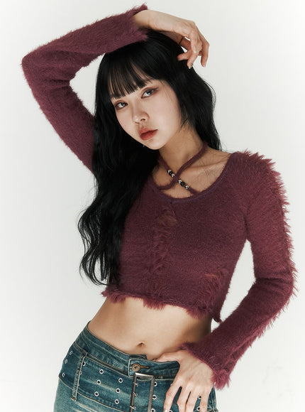 fuzzy-ripped-crop-sweater-cj419 / Purple