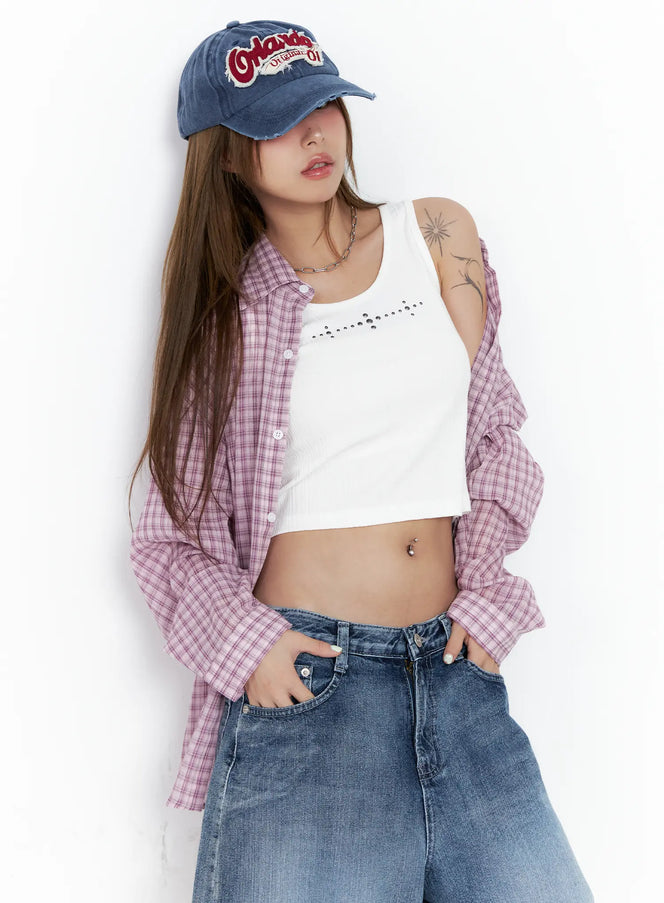 oversized-plaid-button-down-shirt-cl514 / Purple