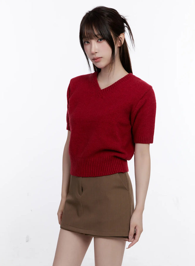 v-neck-short-sleeve-knit-top-cs530 / Red