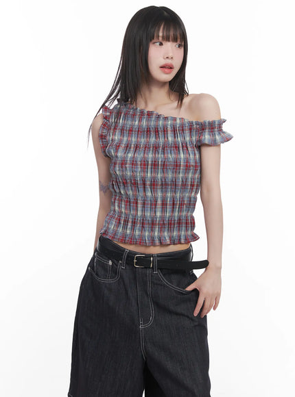 plaid-frill-one-shoulder-crop-top-cu519 / Red