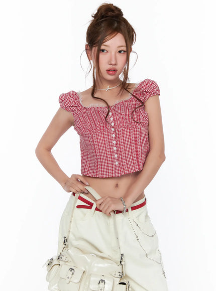 frill-trimmed-gingham-short-sleeve-blouse-ca514 / Red