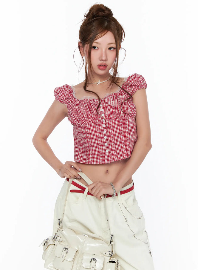 frill-trimmed-gingham-short-sleeve-blouse-ca514 / Red