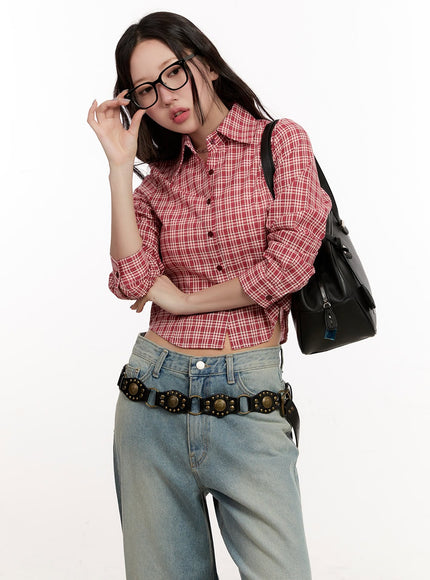 checkered-collared-crop-shirt-cm510 / Red