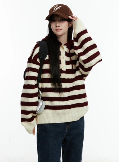 striped-hooded-knit-sweater-cd523 / Red