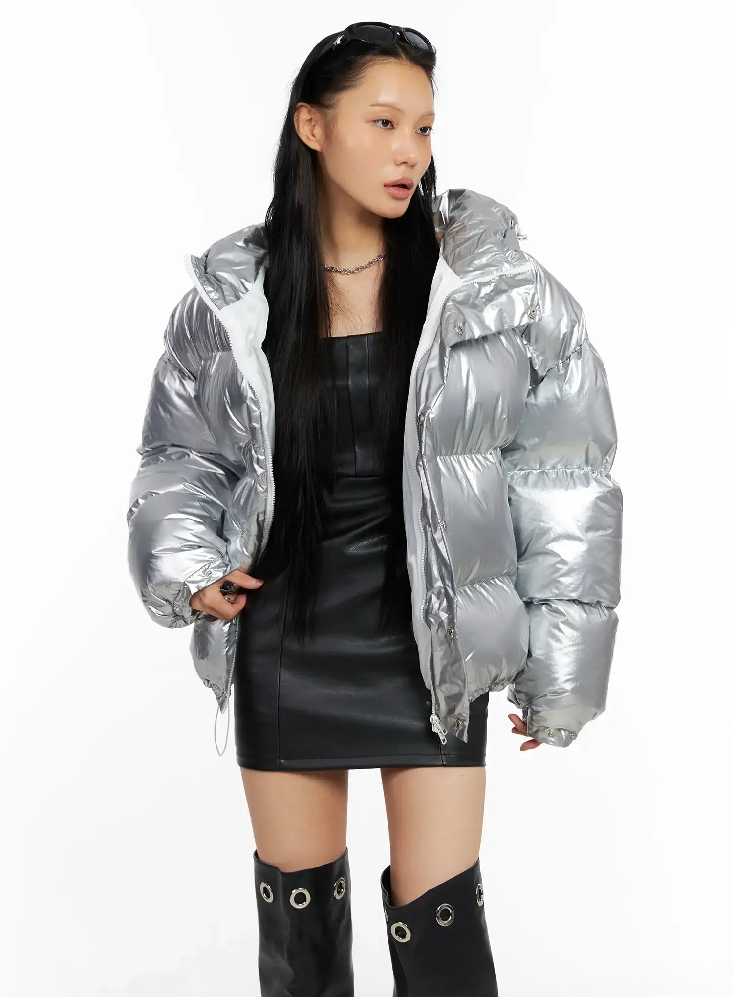 oversized-shiny-puffer-jacket-co528 / Silver
