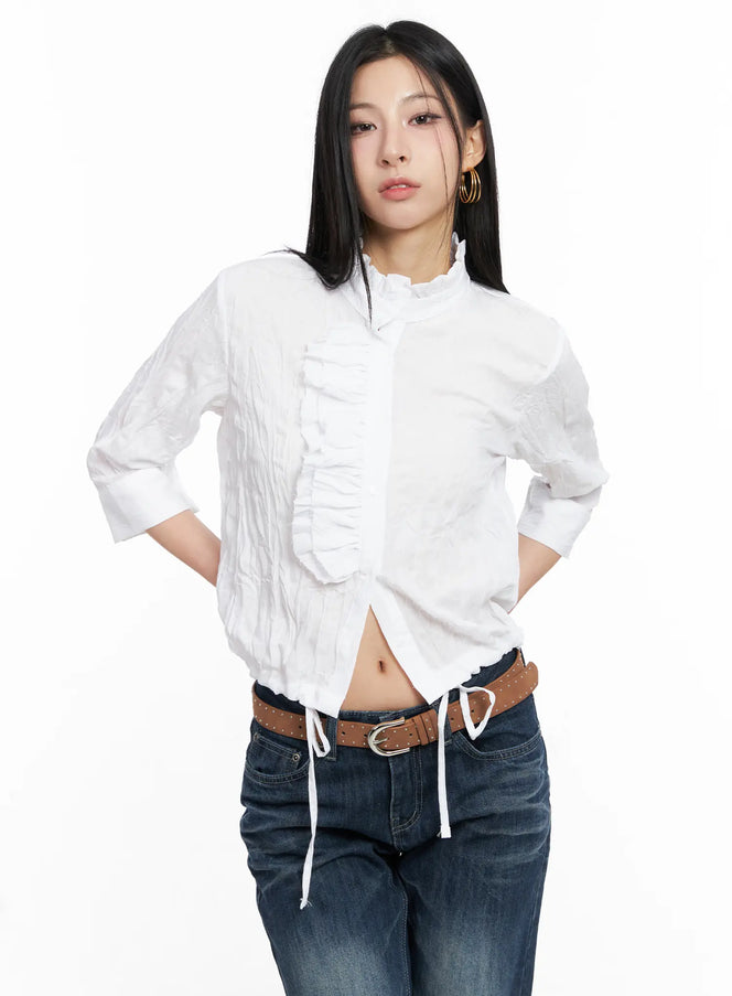white-crinkled-high-collar-top-cc1109 / White
