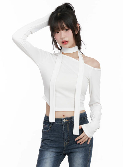 off-shoulder-scarf-long-sleeve-top-cg519 / White