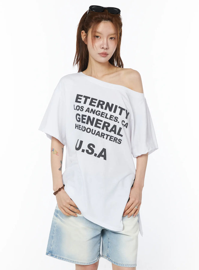off-shoulder-graphic-t-shirt-cy528 / White