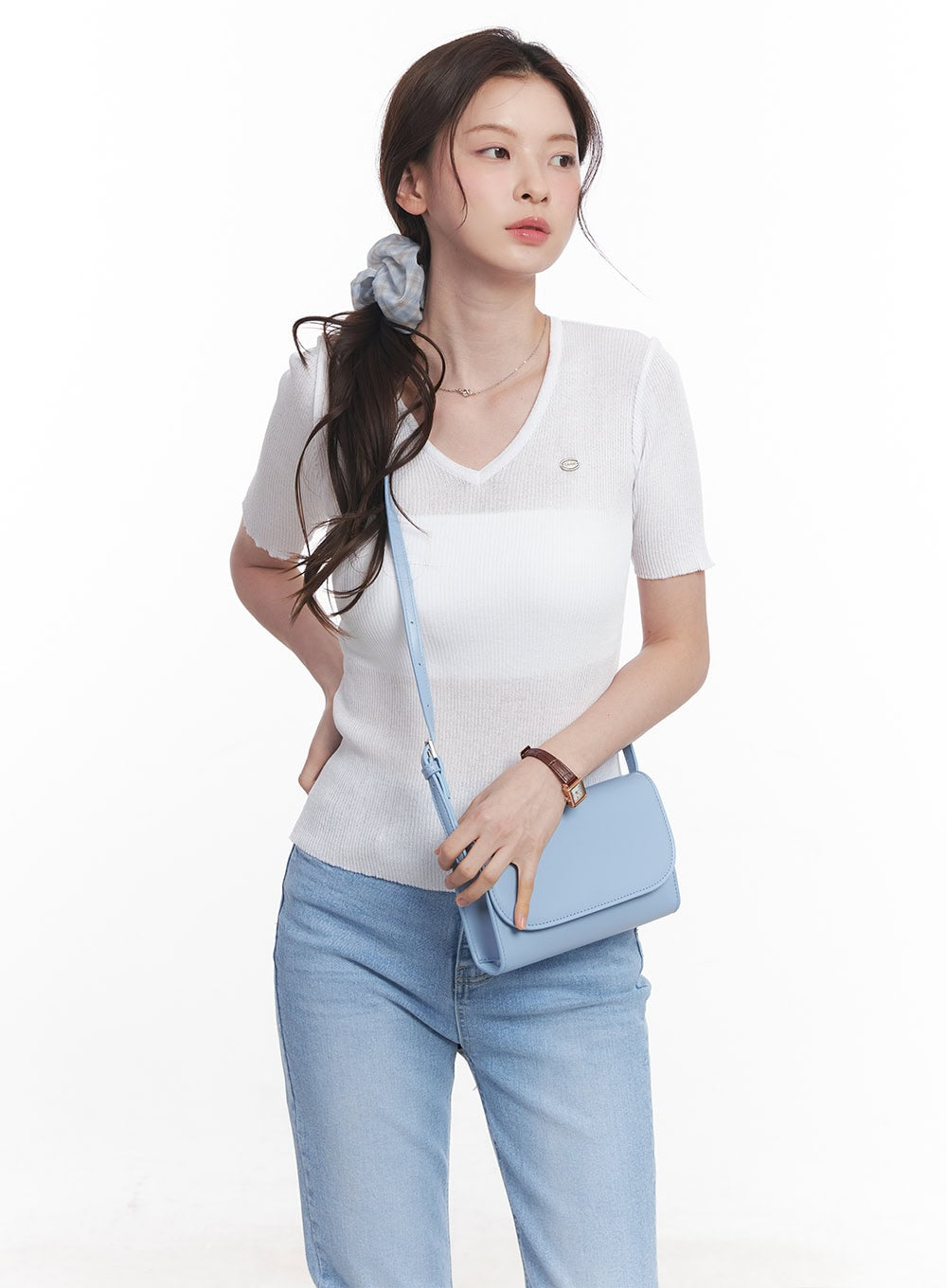 sheer-v-neck-linen-short-sleeve-sweater-cy519 / White