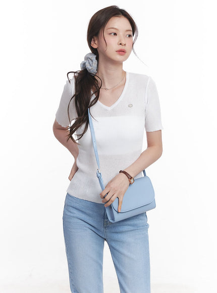 sheer-v-neck-linen-short-sleeve-sweater-cy519 / White