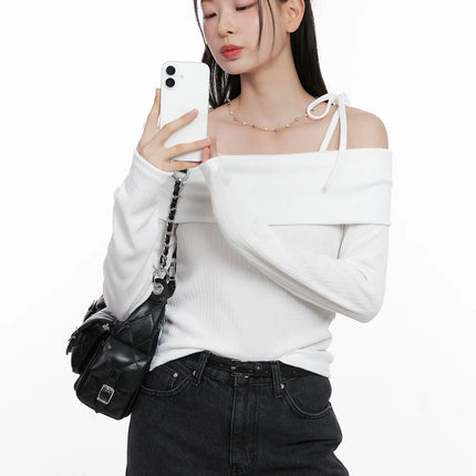 ribbed-ribbon-off-shoulder-long-sleeve-cn504 / White