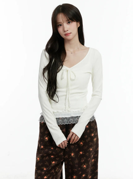 lace-trimmed-long-sleeve-top-cd514 / White
