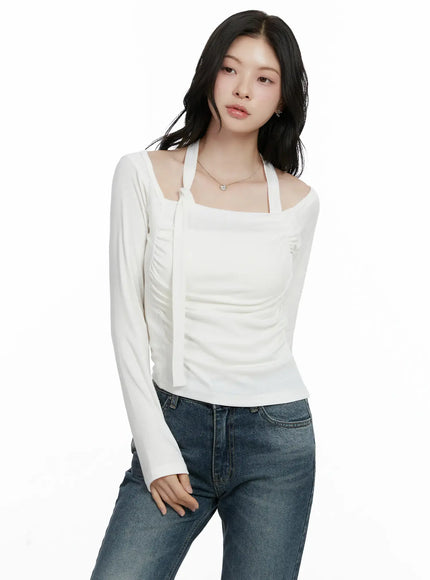 chic-shirred-halter-long-sleeve-top-f502 / White
