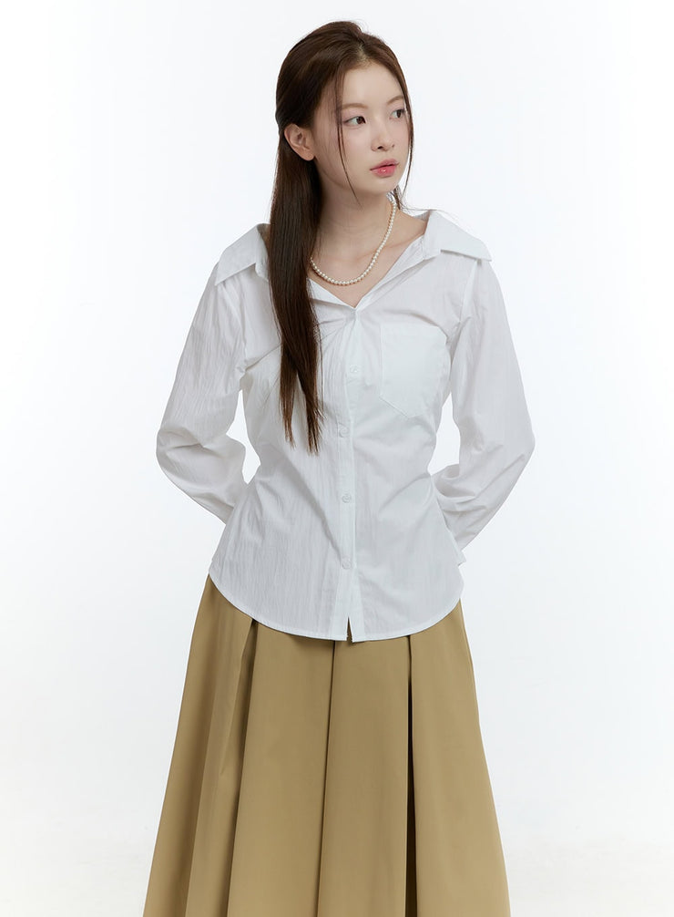 ribbon-tie-collared-button-up-cf503 / White