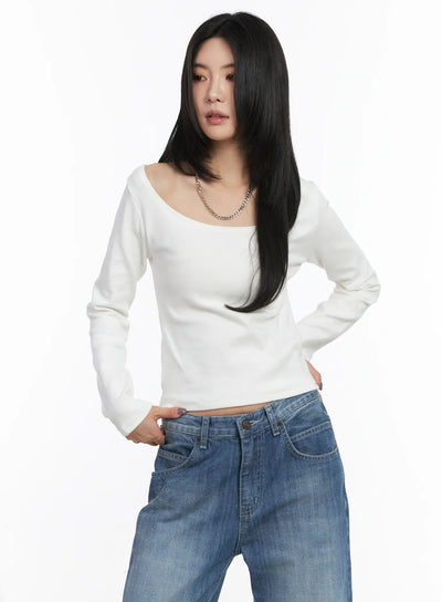 deep-u-neck-fleece-long-sleeve-tee-cd505 / White