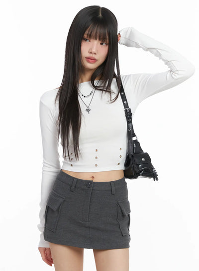 cropped-eyelet-long-sleeve-tee-cj501 / White
