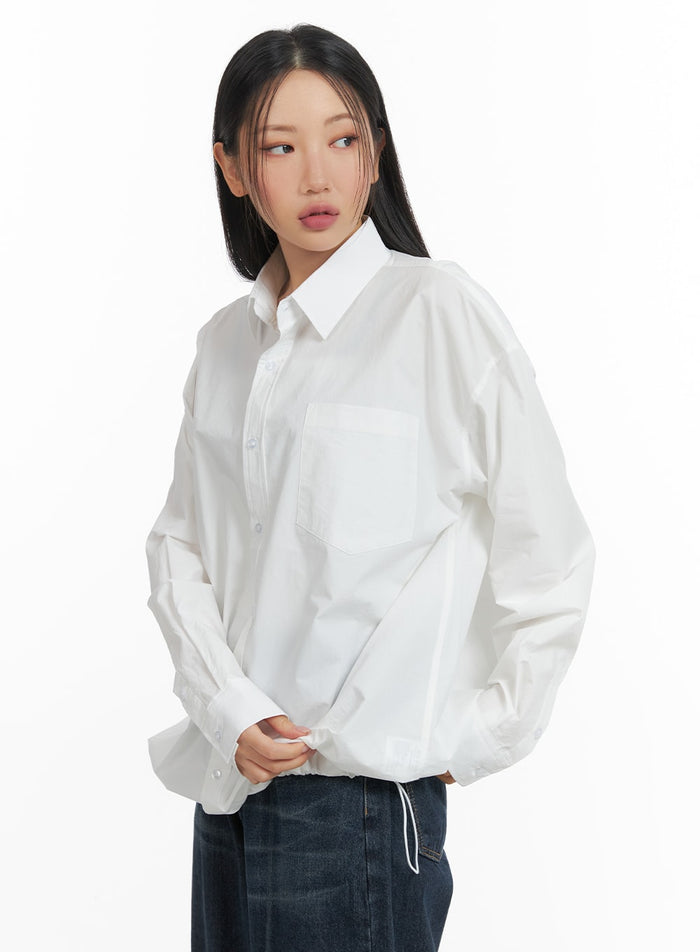 unisex-drawstring-solid-shirt-blouse-cm418 / White