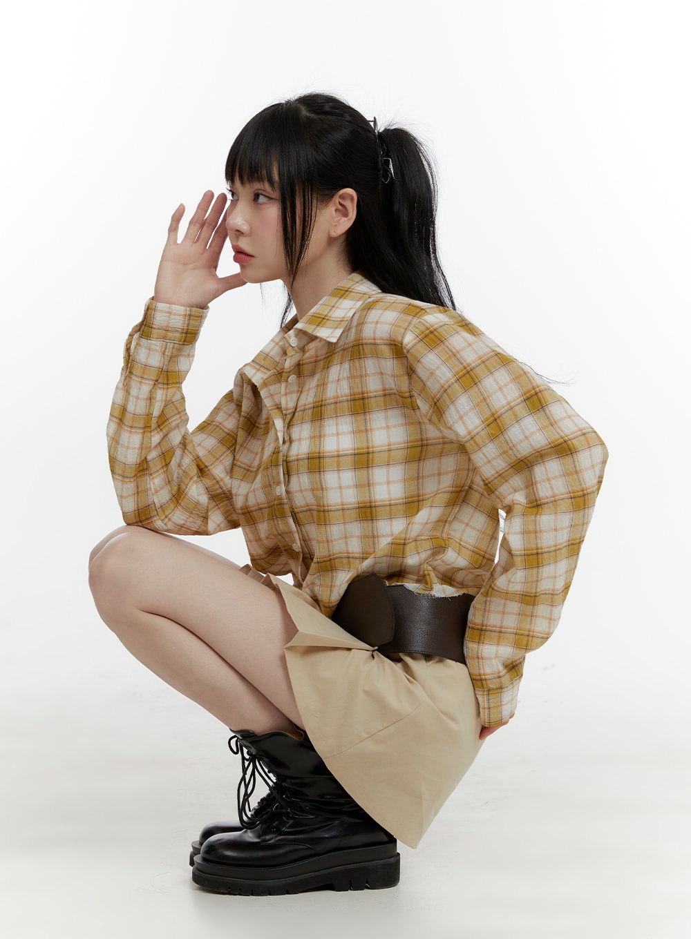checkered-cropped-blouse-ca401 / Yellow