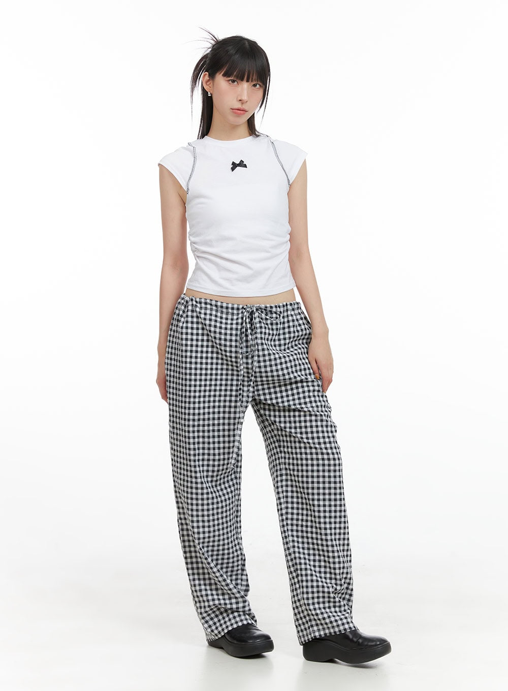 Checkered Banded Cotton Wide Leg Pants CG408