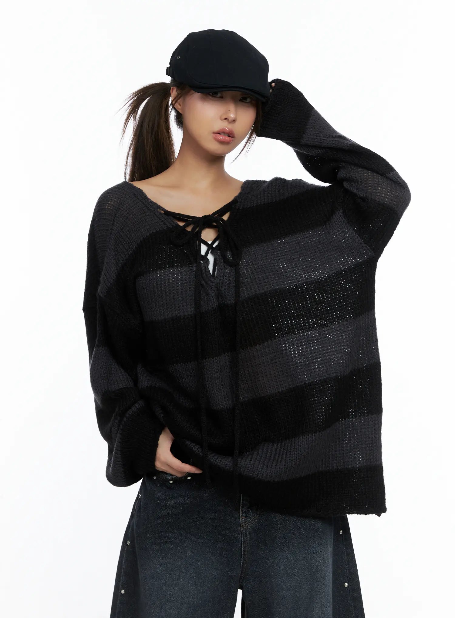 striped-lace-up-long-sleeve-knit-top-cs505