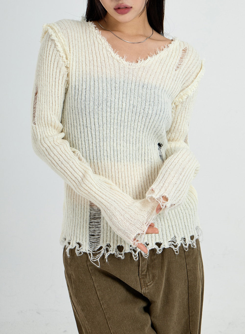 Ripped V-Neck Knit Top CO13