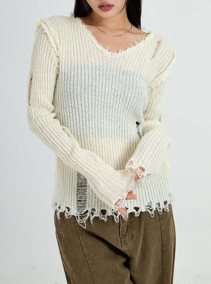 Ripped V-Neck Knit Top CO13