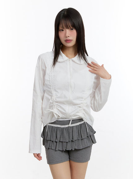 Ribbon Shirred Lace Collared Crop Jacket CA509