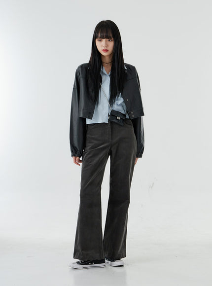 Faux Leather Button Crop Jacket OO26