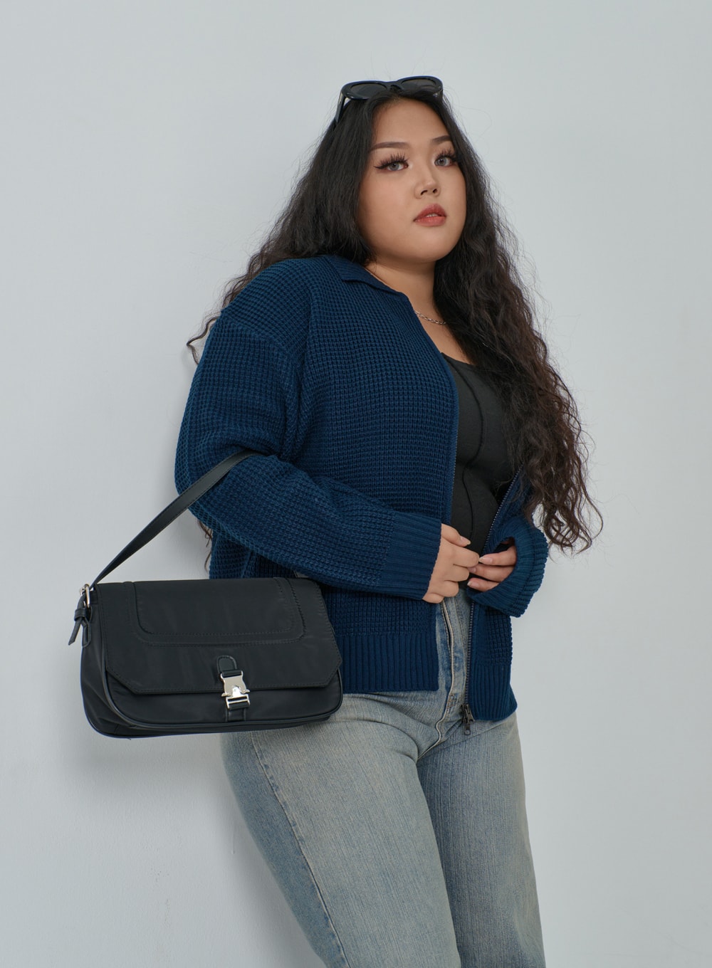 Plus Waffle Pattern Collared Two Way Zip-Up Knit