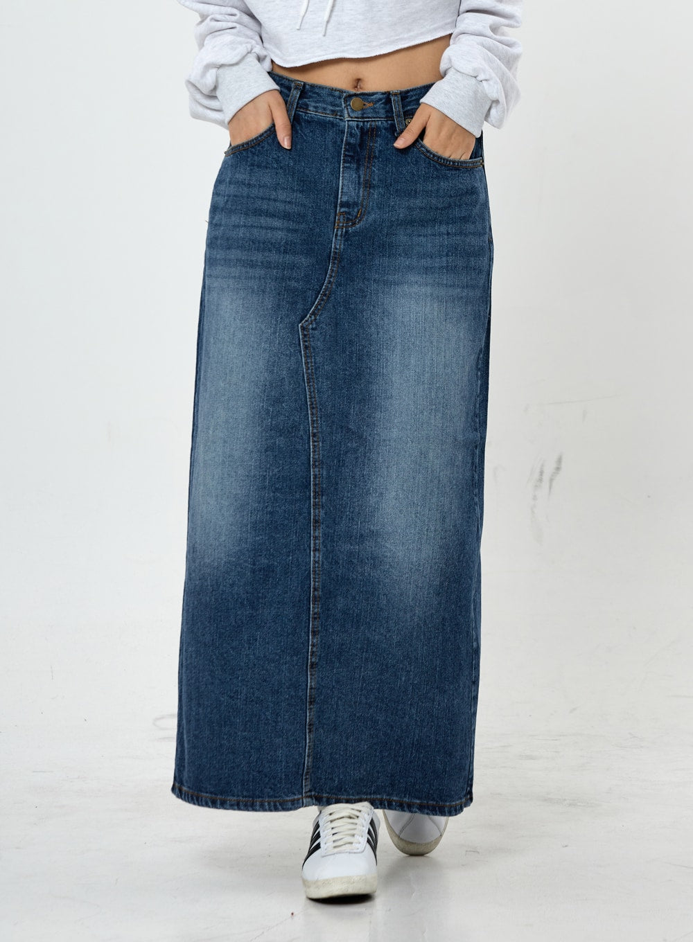 Grid Washing Long Jeans Skirt CS23