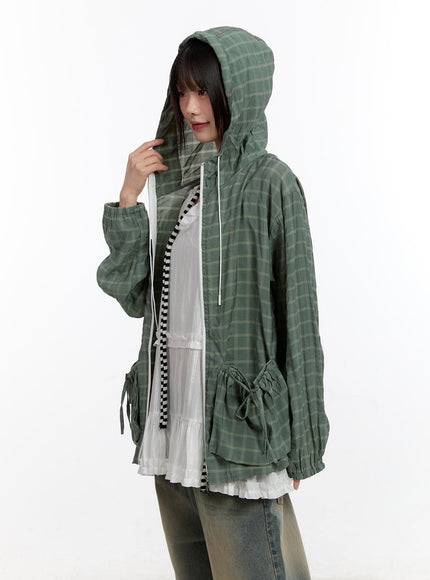 Ribbon Pocket Checkered Hooded Jacket CA508