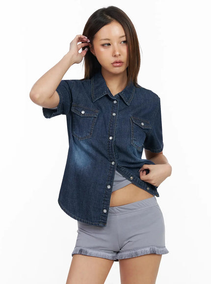 Short Sleeve Denim Button-Up Shirt IY501