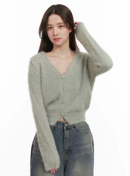 Fuzzy V-Neck Buttoned Crop Cardigan IJ510