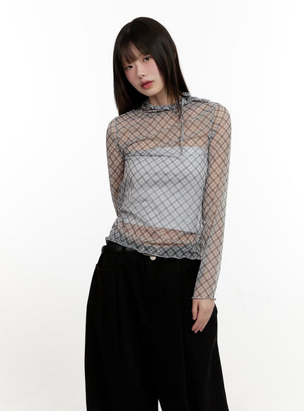 Slim-Fit Plaid Print Sheer Top CM514