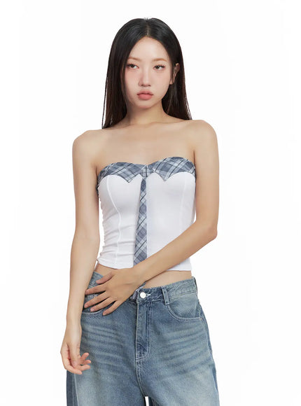 contrast-plaid-tie-tube-top-cl508