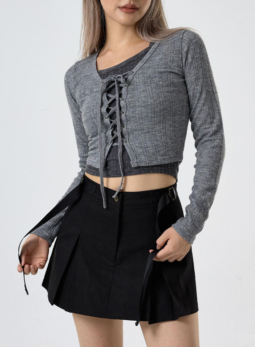 Lace Up Ribbed Crop Cardigan CG25