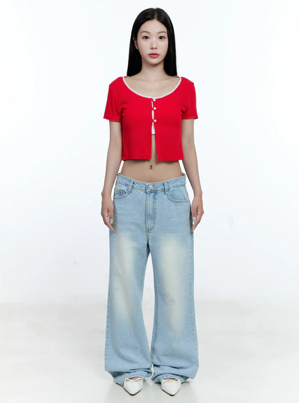 Cropped Button-Up Short Sleeve Cardigan CG512