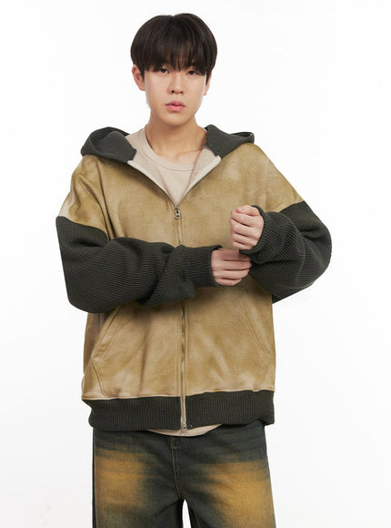 mens-two-tone-fleece-lined-zip-up-hoodie-ij517 / Beige