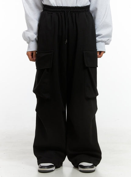 mens-wide-fit-cargo-pocket-sweatpants-is419 / Black