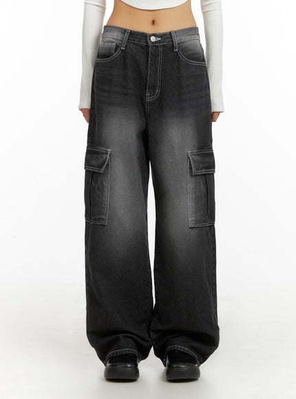 washed-cargo-baggy-pants-ia417 / Black